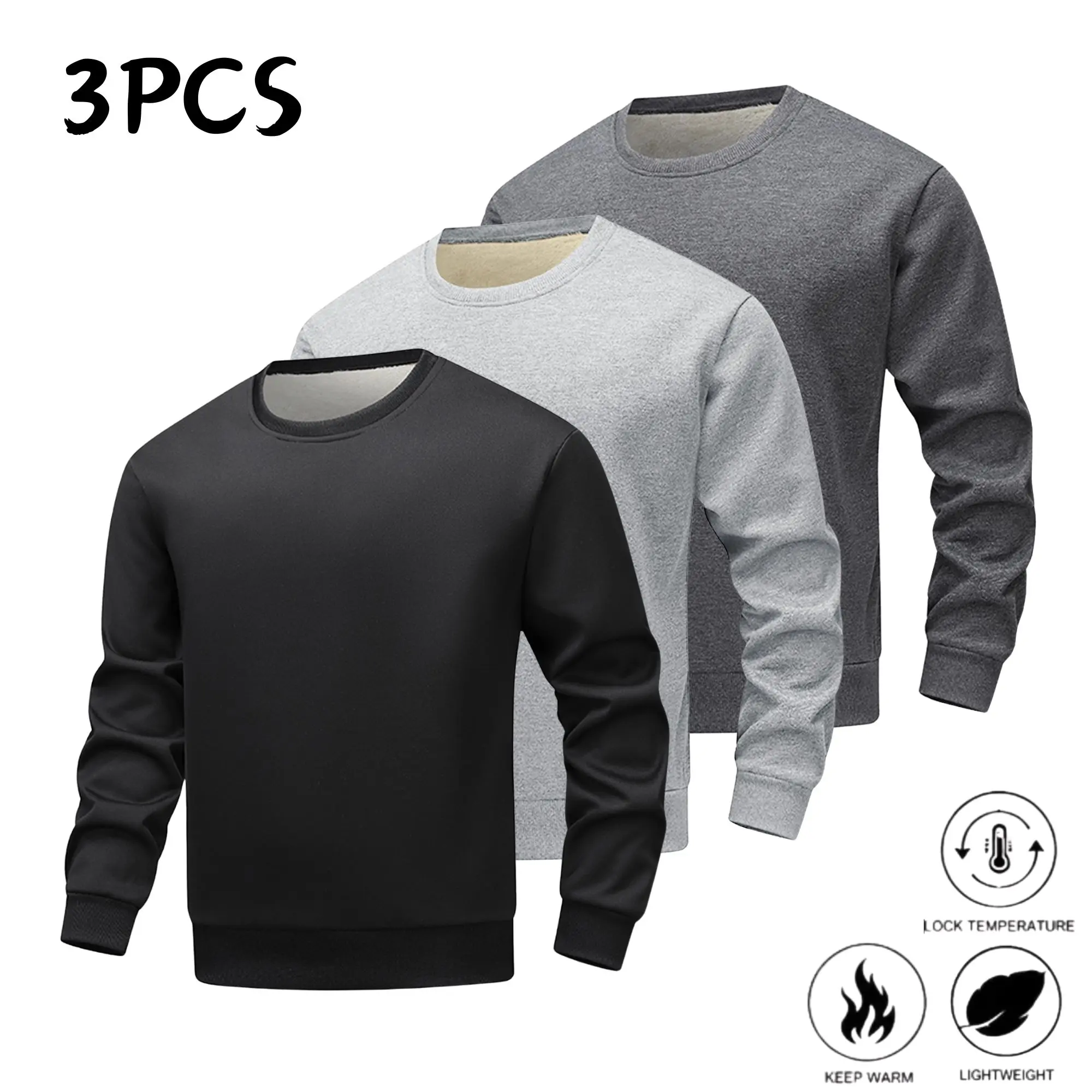Men’s 3-Pack Crewneck Fleece Sweatshirts for Autumn/Winter – Solid Color, Temperature-Regulating, Lightweight Long-Sleeve Tops, Versatile Casual Pullovers for Layering