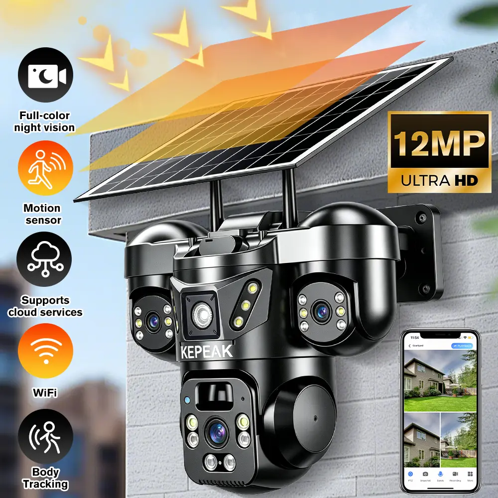 12MP Ultra HD Solar-Powered Rechargeable Security Camera, 4-Lens 355-Degree PTZ, 8000mAh Monocrystalline Silicon Solar Charging, IP66 Waterproof, AI Human Detection, Full-Color Night Vision, Wireless Outdoor Remote Surveillance CCTV with Easy Installation