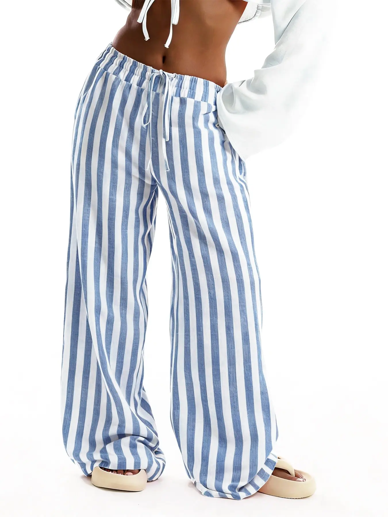 Women's Bohemian-style wide-leg stripe, Striped trousers, high-waisted drawstring loose-fitting, Boho, summer beach vacations and everyday casual wear, made from Elastic fabric Pants