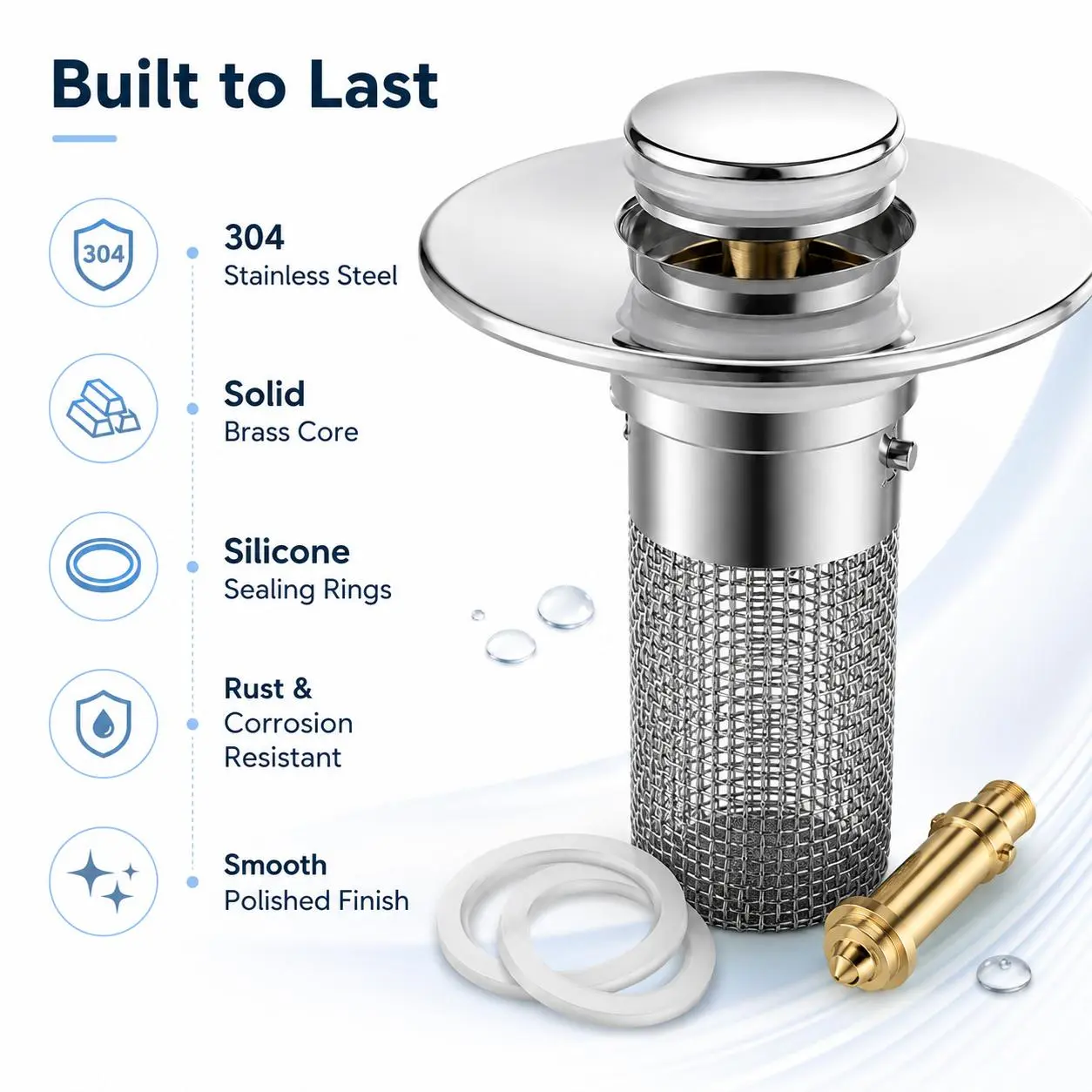 Stainless Steel Spring Sink Plug, Brass Core Odor-Proof Drain Stopper, All-Purpose Filter Stopper for Bathroom Basins & Bathtub Drains