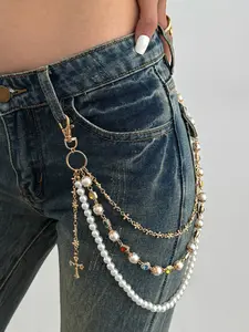 Vintage Glamorous Color Diamond Imitation Pearl Waist Chain, Ladies Trendy Cross Pants Chain for Decorative Style, Body Jewellery, Fashion Body Jewelry, Vintage Body Jewelry, Adjustable Waist Chain