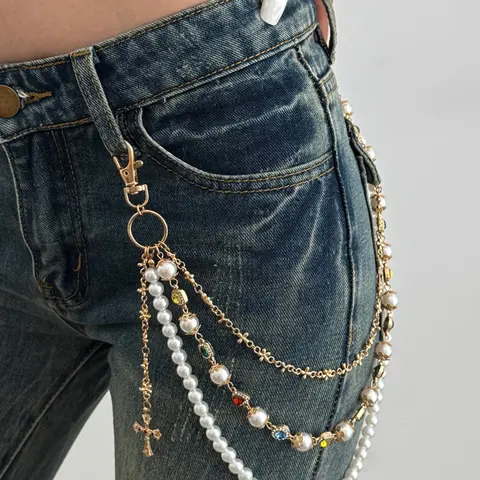Vintage Glamorous Color Diamond Imitation Pearl Waist Chain, Ladies Trendy Cross Pants Chain for Decorative Style, Body Jewellery, Fashion Body Jewelry, Vintage Body Jewelry, Adjustable Waist Chain, Waist Chain Accessory