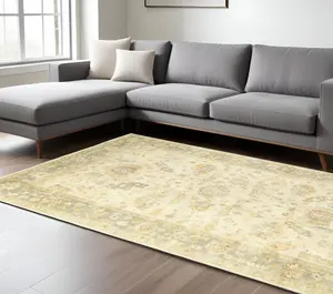 HomeRoots 10x14 ft. Durable Low Pile Wool Oriental Hand-Knotted Beige & Gray Rectangle Area Rug, Durable Area Rugs for Living Room Home Decor, Low Pile Rug
