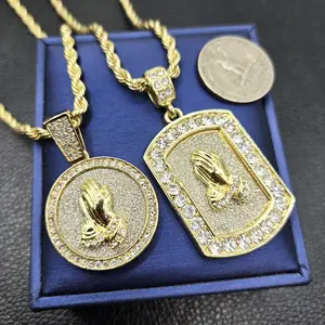 Iced Praying Hands Dog Tag & Medal CZ Religious Pendant & 4mm 24" Rope Chain Hip Hop Style Necklace