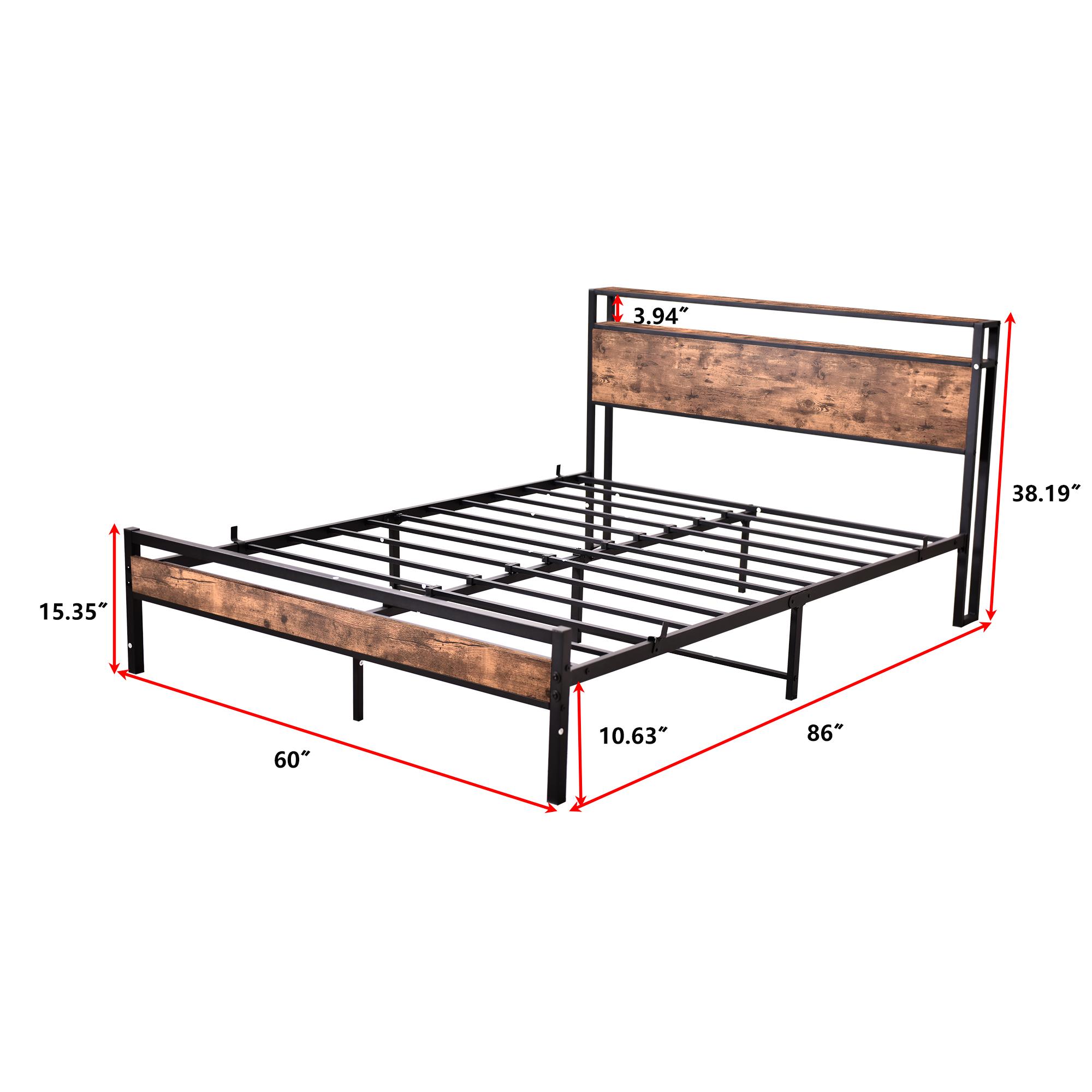 Different Size Metal Platform Bed Frame with Wooden Headboard and Footboard. Features robust metal slat support, no box spring required, delivering exceptional stability and a streamlined, modern aesthetic for your bedroom.