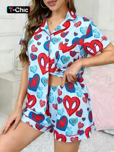 2-piece Valentine's Day Women's Blue Bottom Full of Spider Web Love Cartoon Character Heart Pattern Printed Short Sleeve Shorts Soft and Comfortable Top Small Pocket Elastic Waist Suitable for Four Seasons Home Daily Casual Pajama Set, Loungewear