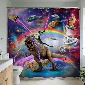 1 Pc Futuristic cat and dinosaur adventure shower curtain combines galactic themes with vibrant colors perfect for enhancing bathroom decor ideal for those seeking unique and playful bathroom design aesthetics also great for adding a touch of fantasy to r