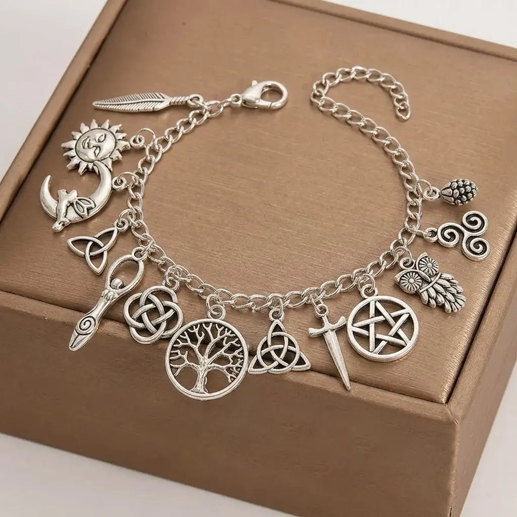 Vintage Witchy Boho Charm Bracelet - Silver Tone Pagan Jewelry with Celtic Knot & Moon, Pentagram Charms - Celestial Gothic Spiritual gift, Wiccan Charm Anklet for Women summerwins
