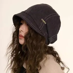 Retro-style Fisherman's Hat for Women Black Casual Street Style Flattering Slimming Pile Beanie Perfect for Autumn Winter