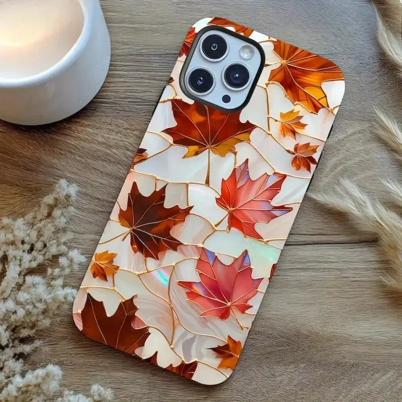 Maple leaf autumn aesthetic stained glass pattern, durable, shock-absorbing glossy two-in-one phone case, suitable for iPhone 17 16 15 14 13 12 11 X, Samsung and other series models, can be given as a holiday gift to friends or family
