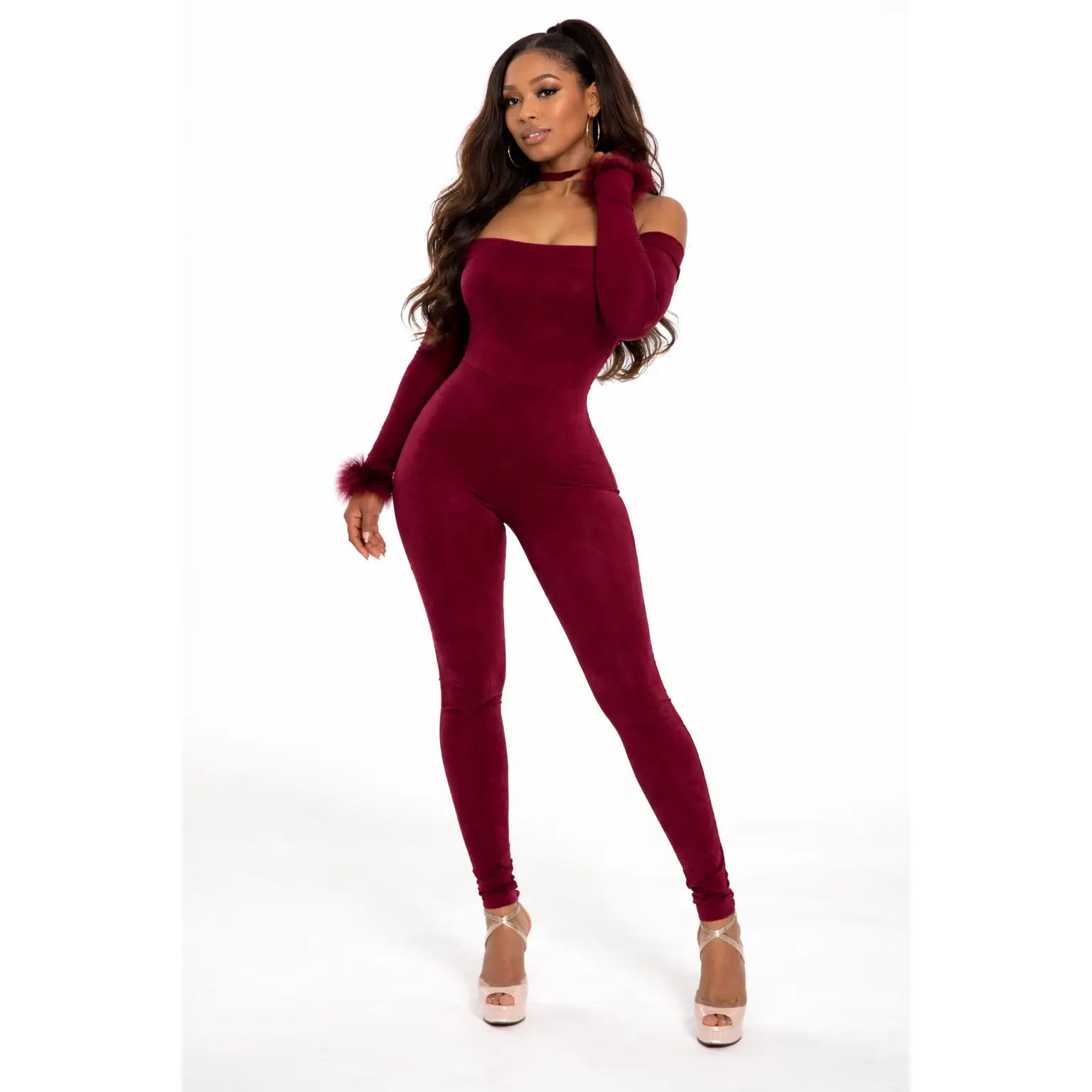 Wine Down Feather Trim Jumpsuit