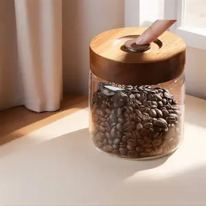 Glass sealed jar for coffee beans, one-way vent vacuum jar with wooden lid, food-grade tea storage jar, Airtight Lid, Glass Storage Containers