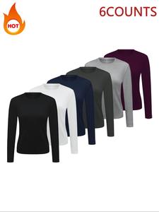women's solid round neck sports thermal underwear top, sporty fit casual basic long sleeve crew neck top for daily outdoor wear, gym clothes, ladies sportswear for all seasons, clothing