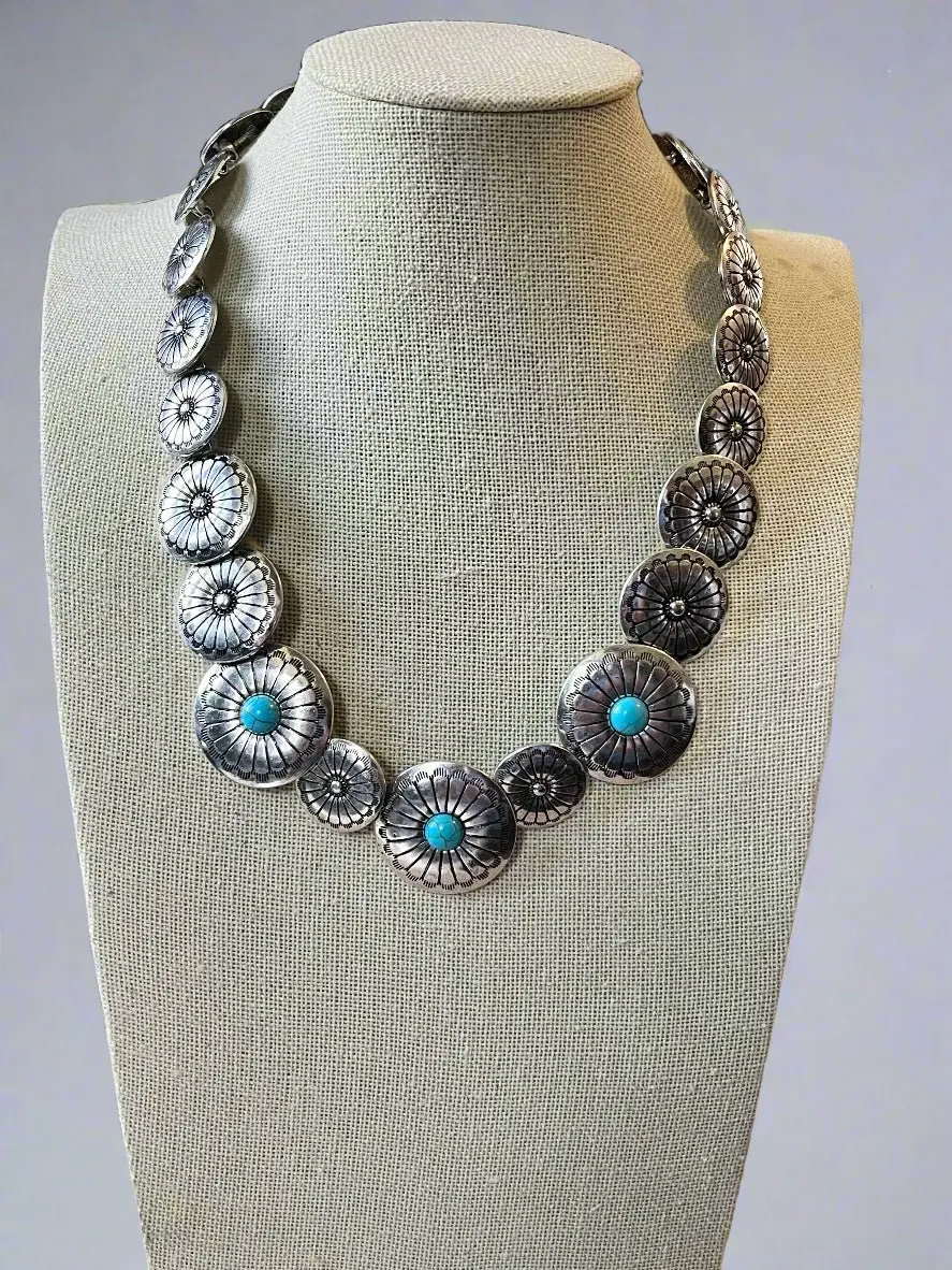 Western Overlapping Concho Necklace with Faux Turquoise — 18 Inch Southwestern Statement