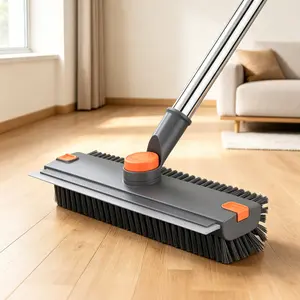 3-in-1 Floor Scrub Brush with Long Adjustable Handle, Heavy-Duty Stiff Bristles, Built-In Squeegee and Scraper, Multi-Purpose Cleaner for Bathroom, Tile Floors