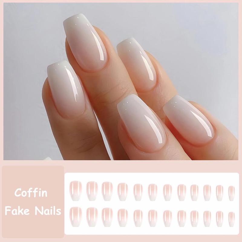 24Pcs Nude White French Fake Nail Short Square Nail Tips Fashion Wearable False Nails with Glue Simple Full Cover Press on Nails