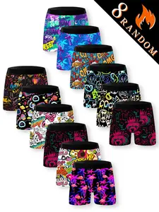 Men's stylish long Stretchy boxer briefs set, 8 random breathable stretch underwear, comfortable and fashionable graffiti design, flamingo/purple bear/letter various style prints, mixed styles, suitable for daily wear or casual occasions