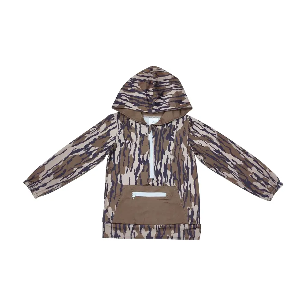 BT0753-Army green camo zip-up pocket hooded long-sleeved top Casual kids pullover