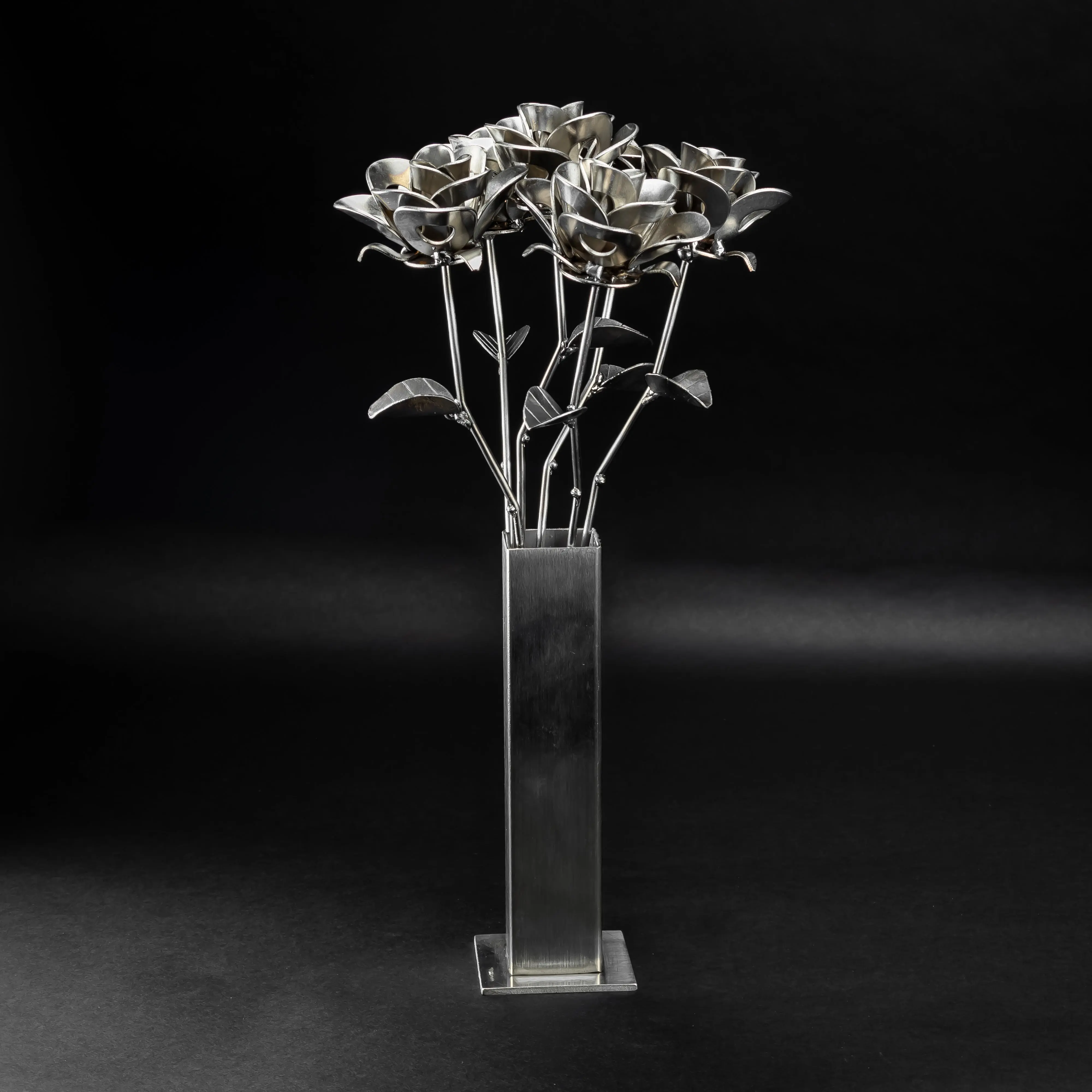 Half Dozen Metal Roses and Vase, Six Recycled Metal Roses and Vase, Immortal Roses.