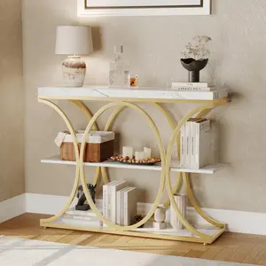 39" Narrow Console Table – 3-Tier Entryway Table with Gold Frame & White Marble Shelf