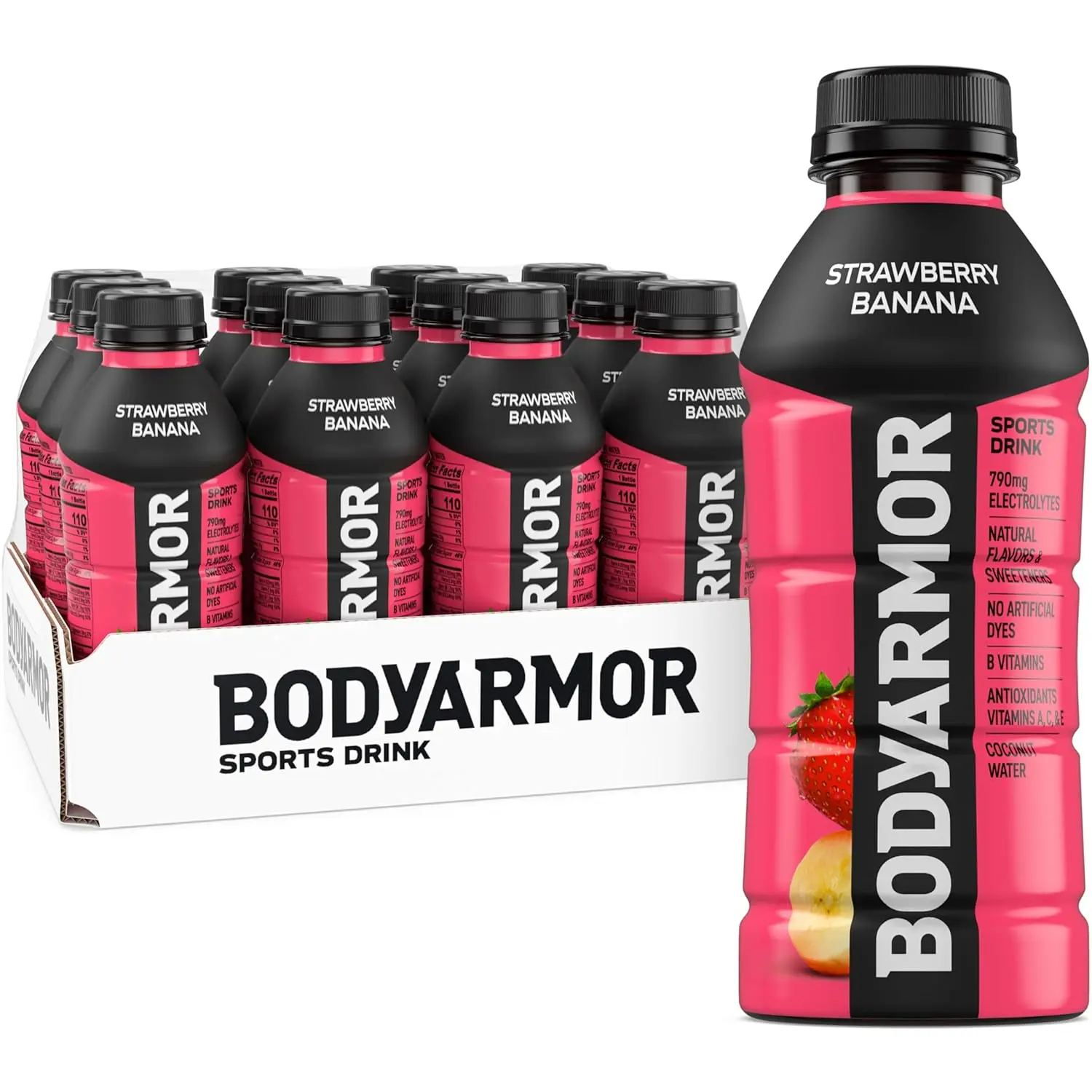BODYARMOR Sports Beverage, Strawberry Banana Flavor, Natural Energy Electrolyte Hydration Drink with B Vitamins & Antioxidants, 16 Fl Oz Bottles (12 Pack)