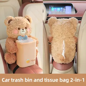 1 Cute Bear and Rabbit Car Tissue Holder and Trash Can 2-in-1, Fun and Practical Multifunctional Car Storage Rack, Used for Storing Armrests, Convenient for Storing Tissues, Phones, Keys, and Other Items, Cute Animal Car Interior Accessories