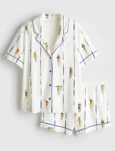 Women’s People Swimming in Pool Summer Minimalist Tiny Swimmers Print Short Sleeve Satin Pajama Set Soft Sleepwear Loungewear