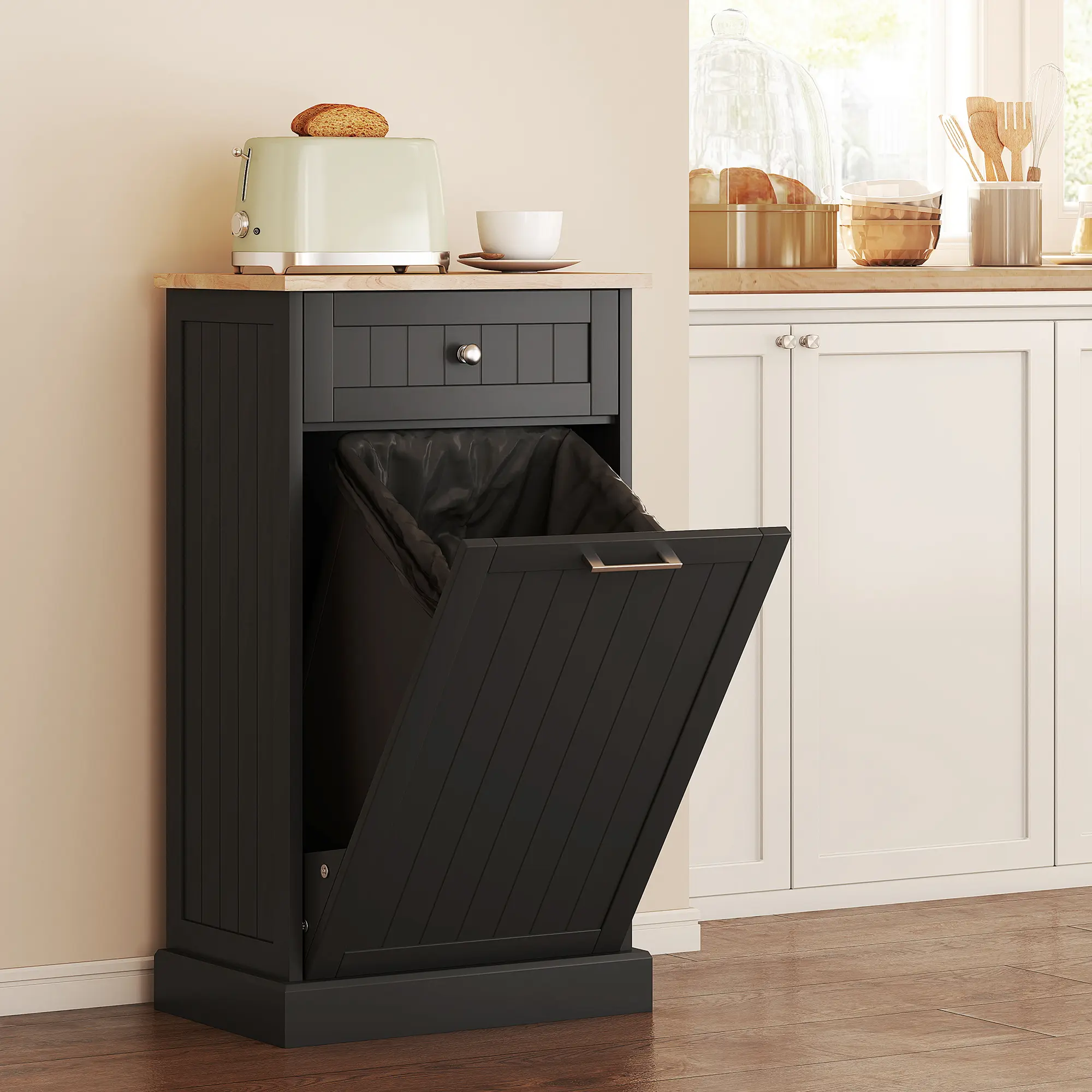 Black, with 1 Trash Can Cabinet & 1 Drawer