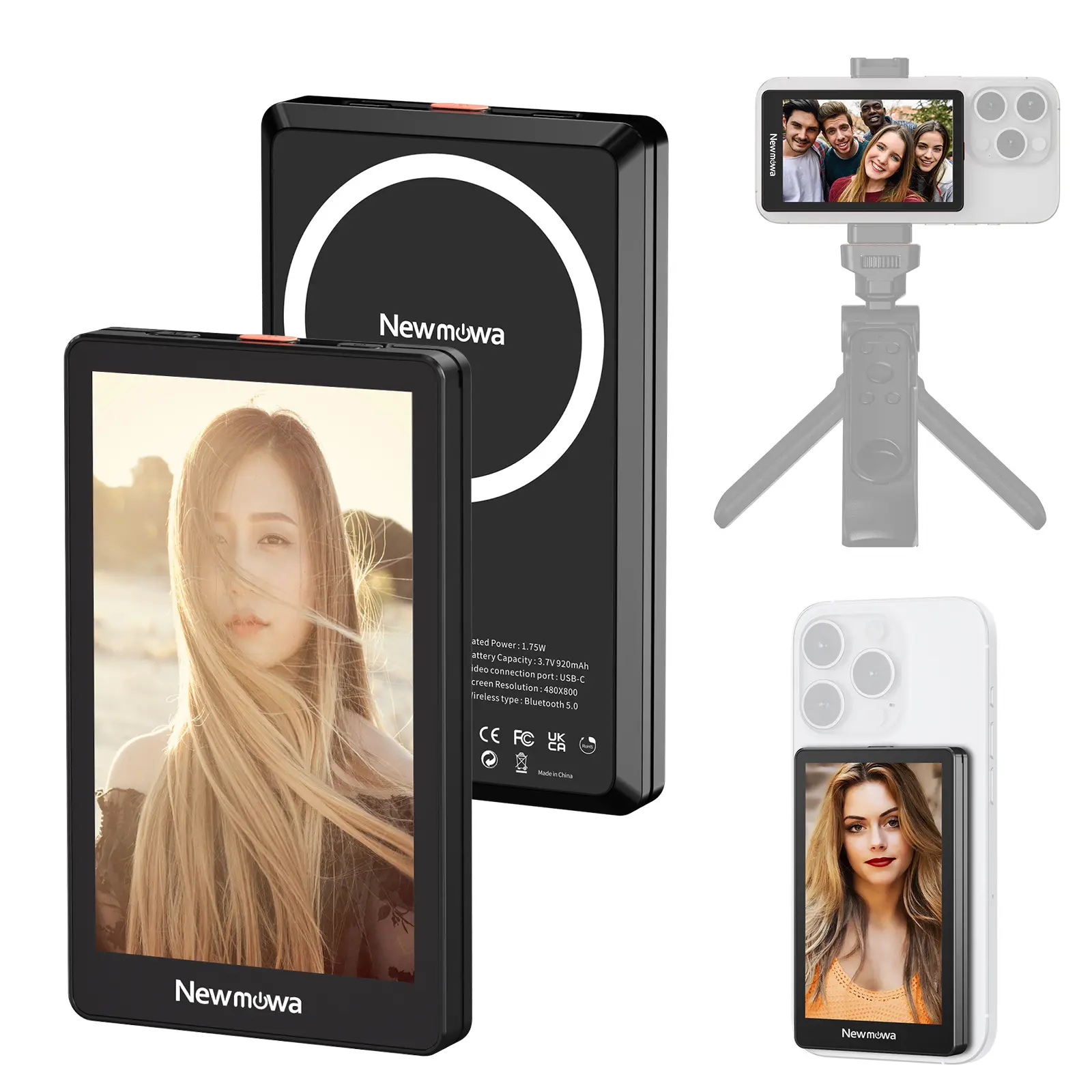 Newmowa Black Magnetic Phone Vlog Selfie Monitor Screen - 1080P Wireless Recording, Using Phone Rear Camera for Selfie Vlog Live Stream TikTok Instagram, Compatible with iPhone＆Samsung (Support 4K 30fps Wired Recording)
