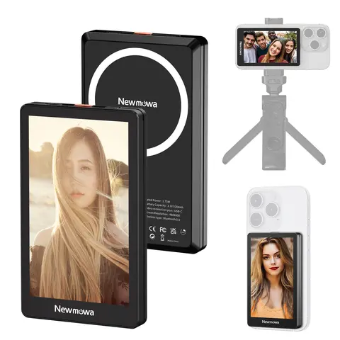 Newmowa Black N52 Magnetic Lock Hold Smart Selfie Monitor Screen for Cellphone/Mobile - 1080p Wireless Recording, 4K 30fps Wired Support, Rear Camera Use for Vlog Live Stream, Compatible with iPhone/Samsung, Cool Gadgets for Content Creators