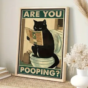 1 Piece Canvas Poster Wall Art ​     - Black Cat Reading Newspaper in Toilet, Universal Hanging Home Decor (No Electricity Required), Canvas Print for Living Room and Dorm, Halloween Gift and Decoration.