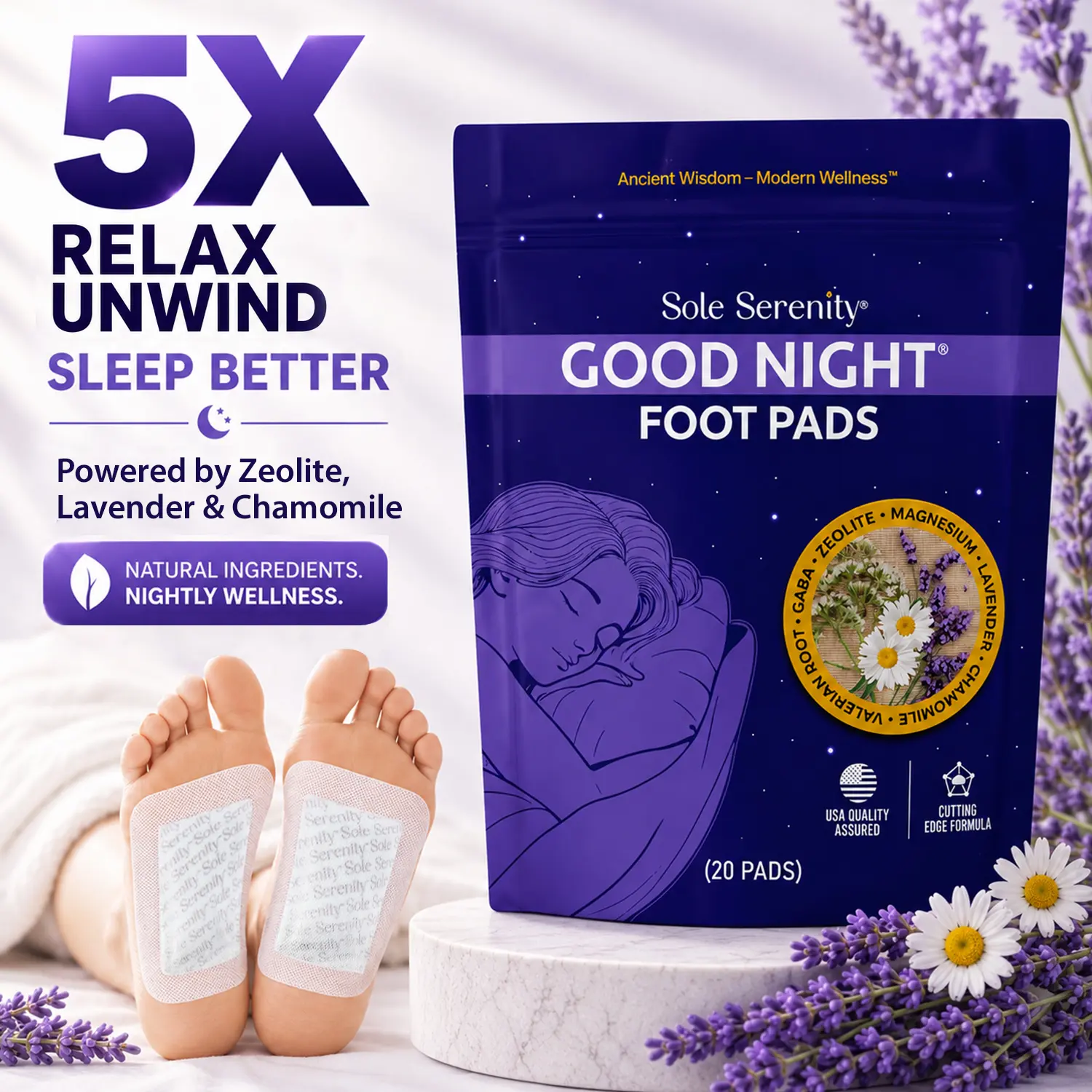 Purple Good Night Foot Pads with lavender and chamomile nighttime self care theme