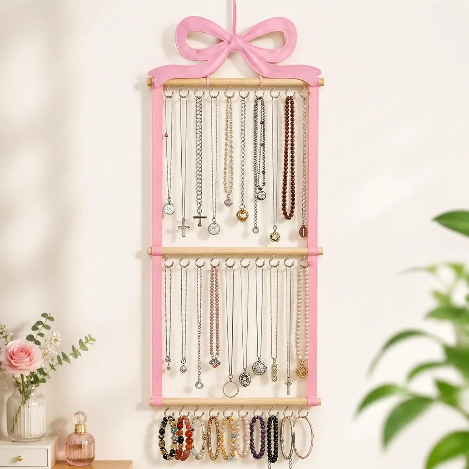 Pink Bow Hanging Jewelry Organizer | Coquette Wall Mounted Necklace Holder with 30 Hooks | Over Door Jewelry Hanger for Necklaces, Earrings, Bracelets, Rings & Headbands | Cute Bedroom Vanity Decor Sliner