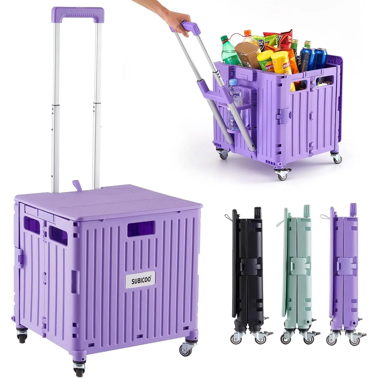 Purple Folding Utility Cart, Portable Rolling Crate with Lid and 4 Rotating Wheels for Grocery Shopping & Office Storage, Grocery Cart Foldable, Trolley, Portable Crate, Collapsible Grocery Cart