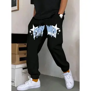 Men’s sweatpants with letter and star print, drawstring waist, and pockets—casual street jogger pants for daily wear; men’s bottoms suitable for all seasons
