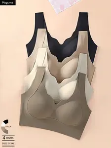 4-Piece set Women's Plain Seamless No Underwire Soft Comfy Bra, Comfortable Knit Lingerie, Daily Wear and Sleep