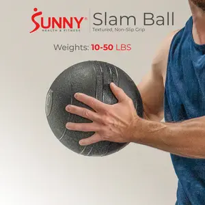Sunny Health & Fitness Slam Balls 10 to 50 LBS Textured Non-Slip Grip Sand Filled No Bounce Roll for Control Shock Absorbent Shell Crack Resistant Heavy Duty for Strength Training Rehabilitation Home Workout