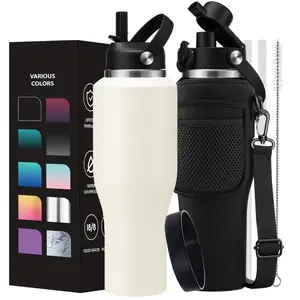 Insulated Water Bottle 40oz with Straw - 32/40oz Stainless Steel Tumbler with Top Handle, Straw Lid, Pop-up Lid & Waterbottle Sling, Iced Coffee Cup Travel Mugs Insulated for Hot 24h and Cold 48h