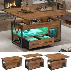 40" Lift Top Coffee Table, 4 in 1 Coffee Tables with Storage Cabinet for Living Room, Small Farmhouse Coffee Table with 2 Fabric Drawers & LED Light for Dining Room