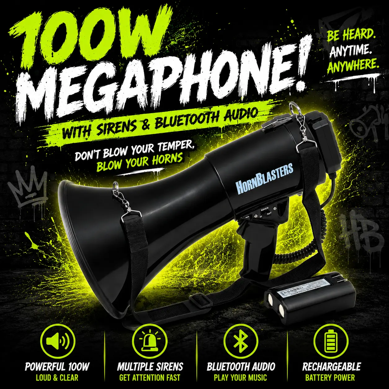 HornBlasters 100 Watt Megaphone with Sirens & Bluetooth Audio | Extremely Loud + 4000 Feet Range | USB & Bluetooth Inputs + Rechargeable Battery HornBlasters 100 Watt Megaphone with Sirens & Bluetooth Audio | Extremely Loud + 4000 Feet Range | USB & Bluetooth Inputs + Rechargeable Battery