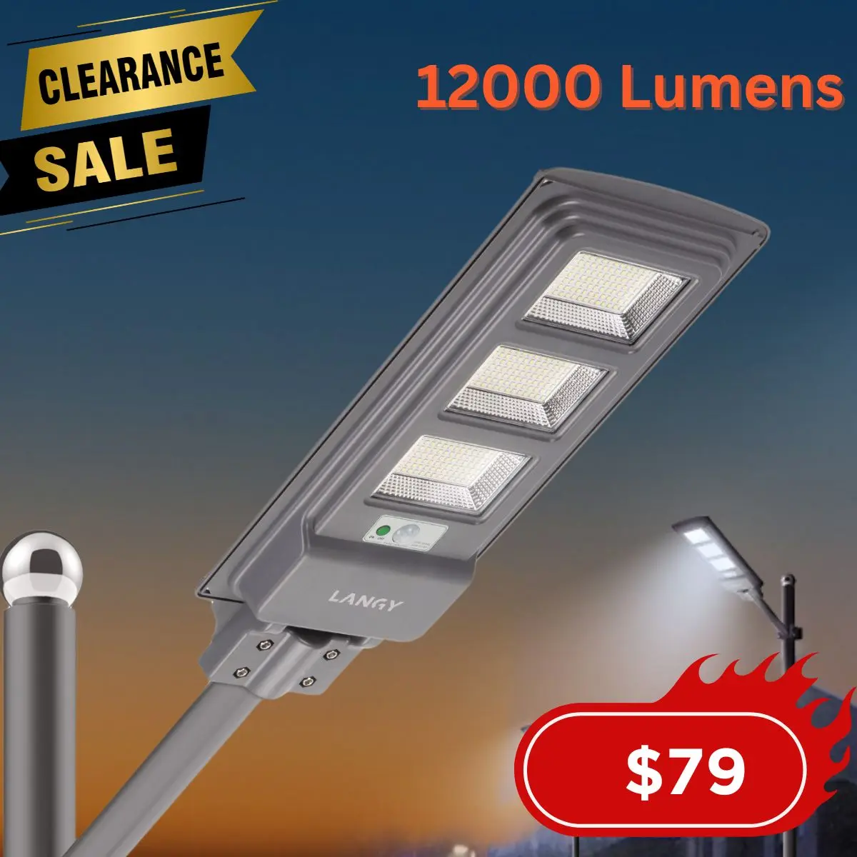 LANGY 120W Solar Street Lights - Grey, LED Street Lamp with Light Control & PIR Motion Sensor, Dusk to Dawn Security Light Solar Flood Light for Square, Yard, Basketball Court