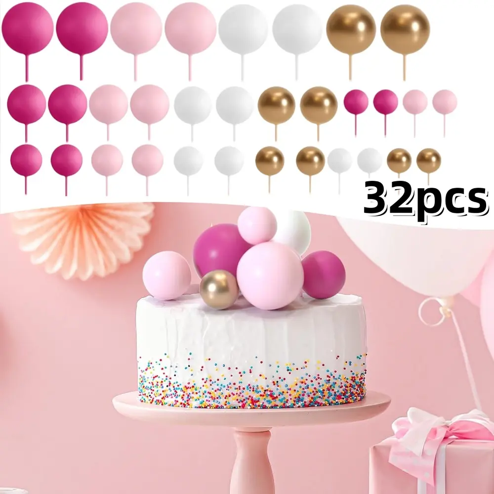Foam Ball Cake Toppers, 32 Pcs Multi-Color Decoration Set in Assorted Sizes for Happy Birthday and Wedding Parties, Cupcake Toppers, Cake Decorating Supplies, Pvc, Ball Shapes, Foam Pvc, 0.79 Inch, 1.18 Inches, Decorative, Pvc Foam