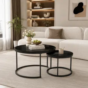 Nesting Coffee Table Set of 2 Round Wood Marble Pattern Top with Sturdy Metal Frame Black Living Room Side Tables for Bedroom Balcony Yard Home Essentials Room Decor Bedroom Decor Coffee Table Living Room Furniture House Decor Wall Decor Aesthetic Home