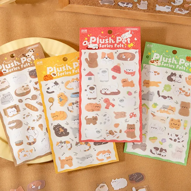 Yuxian Plush Pet Felt Sticker Single Sheet, 4 Designs, Cute Animal Patterns, Perfect for Kids Room Decor, DIY Crafts, Wall Decoration