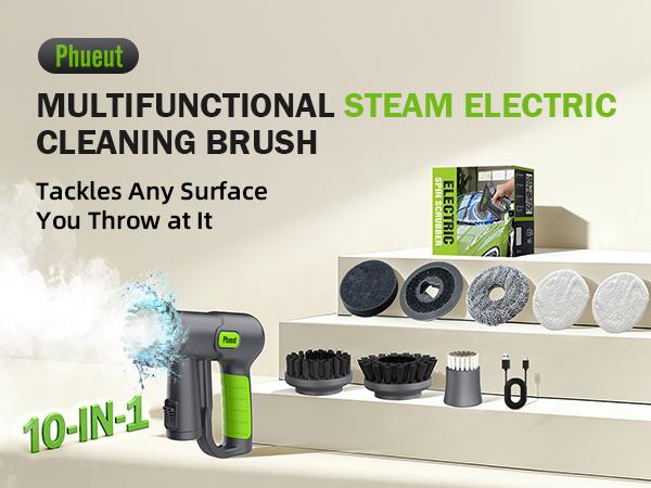 Phueut WHL-603 10-in-1 Electric Spin Scrubber Grill Brush with 2X Higher Cleaning Efficiency Steam Function 2500mAh Long Runtime 9 Brush Heads