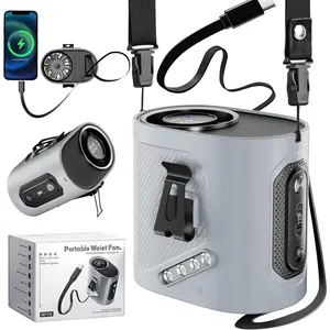 Portable Waist Fan Clip on - Wearable Belt Personal Fans, Hands Free Air Cooler of Neck/Shirt, 100 Speed | Flashlight Rechargeable, Built in Type-C Cable, for Outdoor Job Camping Travel Essentials Gift