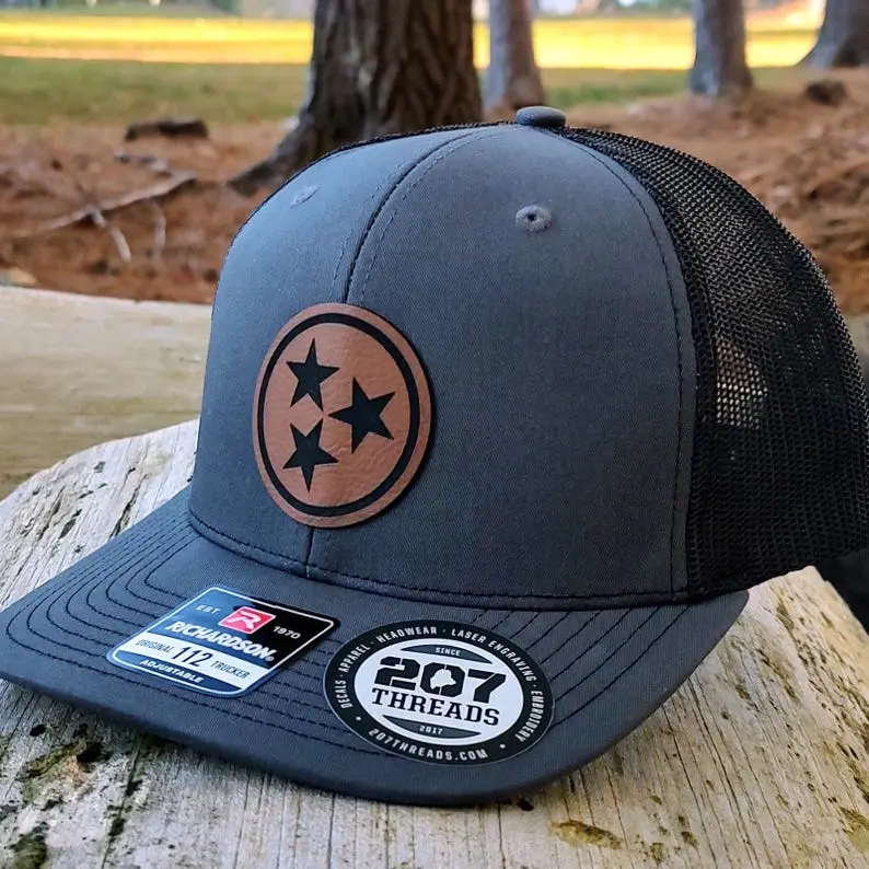 Tennessee Hat, Tennessee Vols Fan Gift, Tenn Tri Star Flag Hat for Men & Women, TN State Flag Leather Patch Hat USA Trucker Snapback Cap