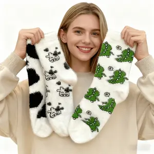 4 Counts (A pair) Non-Fall Winter Casual Stylish Socks Set, Soft Puffy Design, Cute Cow & Dinosaur Patterns, Thick Coral Fleece, High Density Wool Feel, Keeps you warm in winter, durable and won't fade, for use at home, in bedrooms, for floor socks