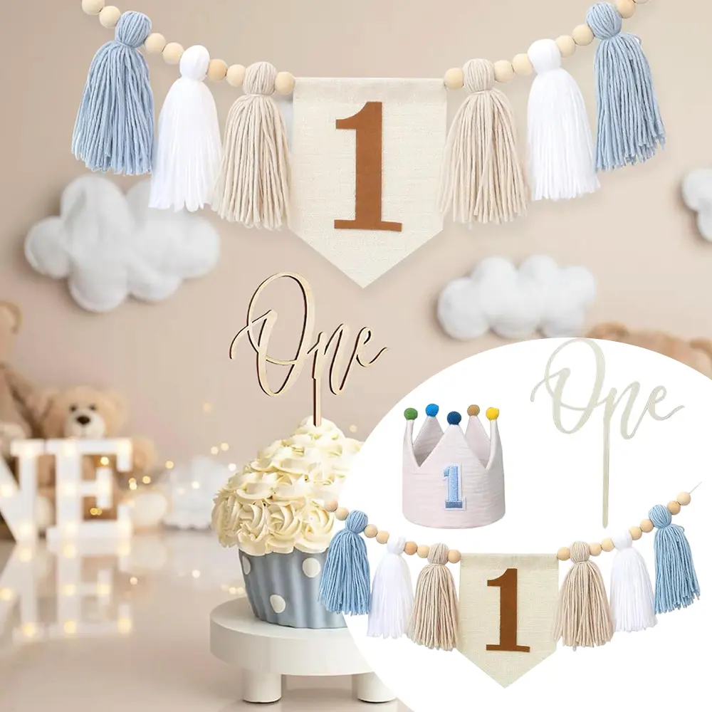 Kids' 1st Happy Birthday Decorations Set (Blue) - Lightweight Bunting Banner, Soft Felt Conical Hat, Durable Wood Bead Tassels Garland, Bling Cake Topper, Sturdy Fringe Charm Pieces, Easy Setup Kitchen Party Ornaments (Lightweight Pieces Fold Neatly Away)
