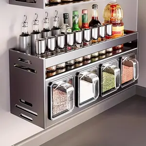 Wall-mounted Spice Rack Organizer - Aluminum-magnesium Alloy, Rust Resistant, No-drill Installation, Includes 6 Clear Seasoning Containers & Canisters for Kitchen Storage tiktokshopspringglowup